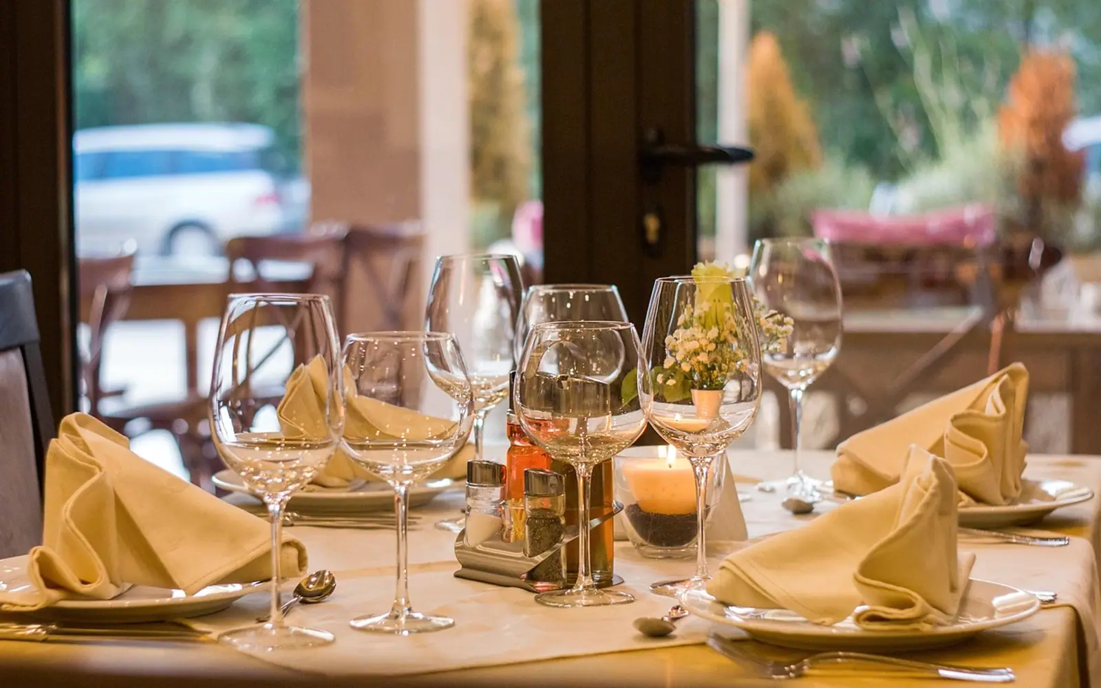 Restaurant, table setting and table